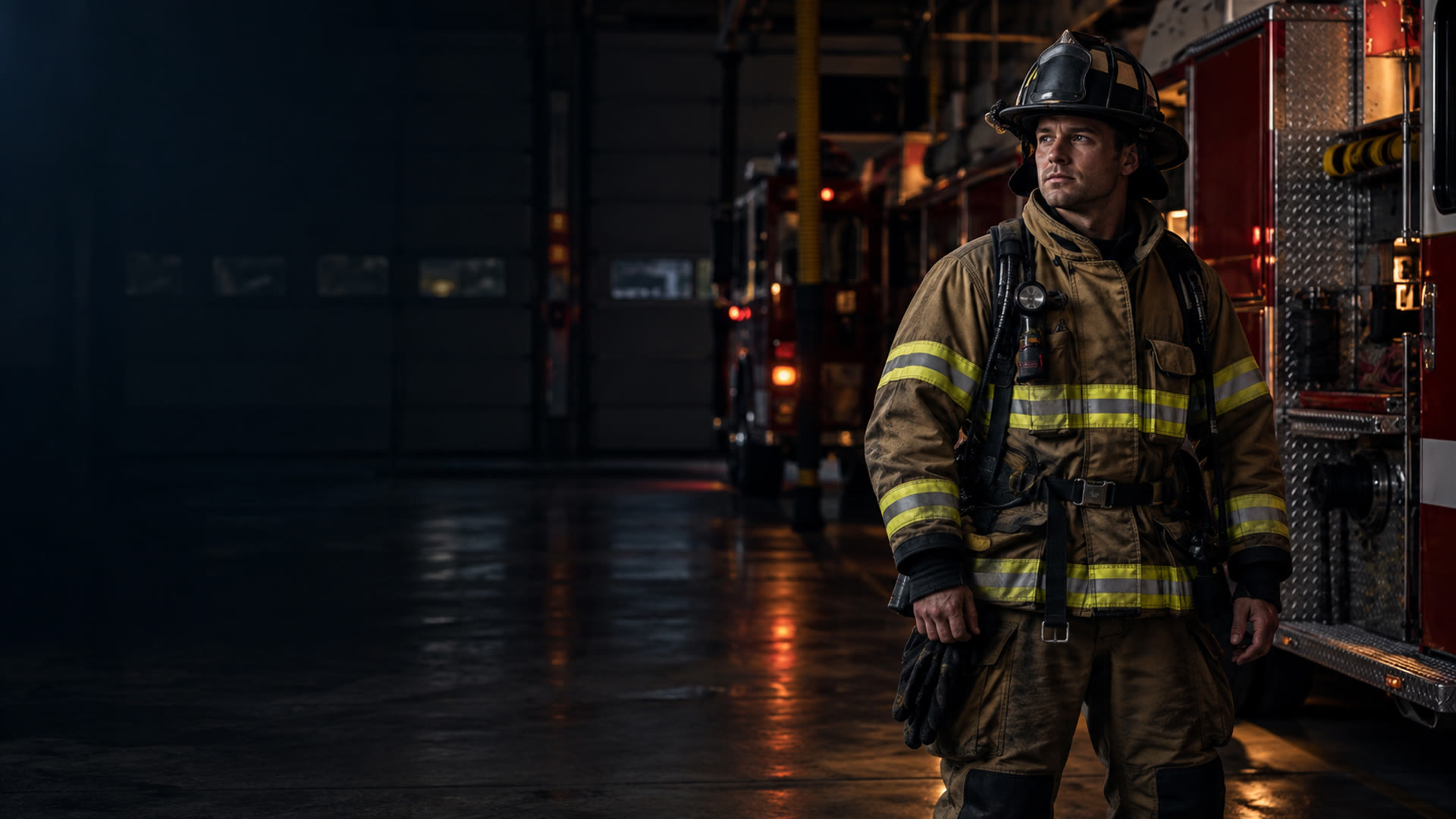 Firefighter standing ready in a firehouse apparatus bay